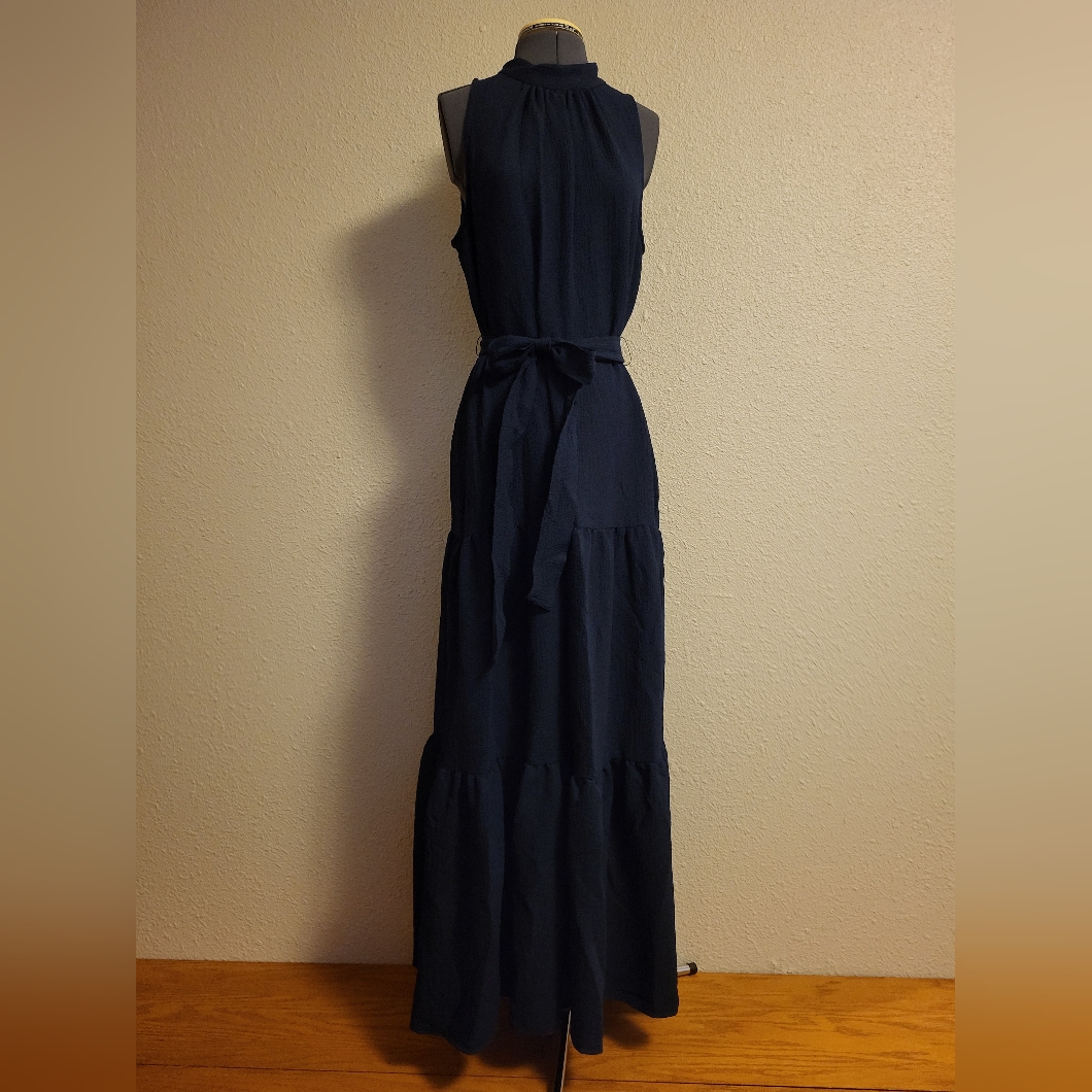 Anne Klein Navy Crinkle Mock Neck Tiered Maxi Dress Size 10